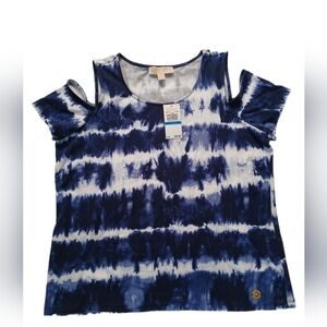 Michael Kors Blue and White Relaxed Cut Out T-Shirt